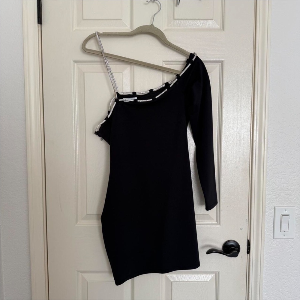 Lovers + Friends Black One-Shoulder Dress with Silver Accents